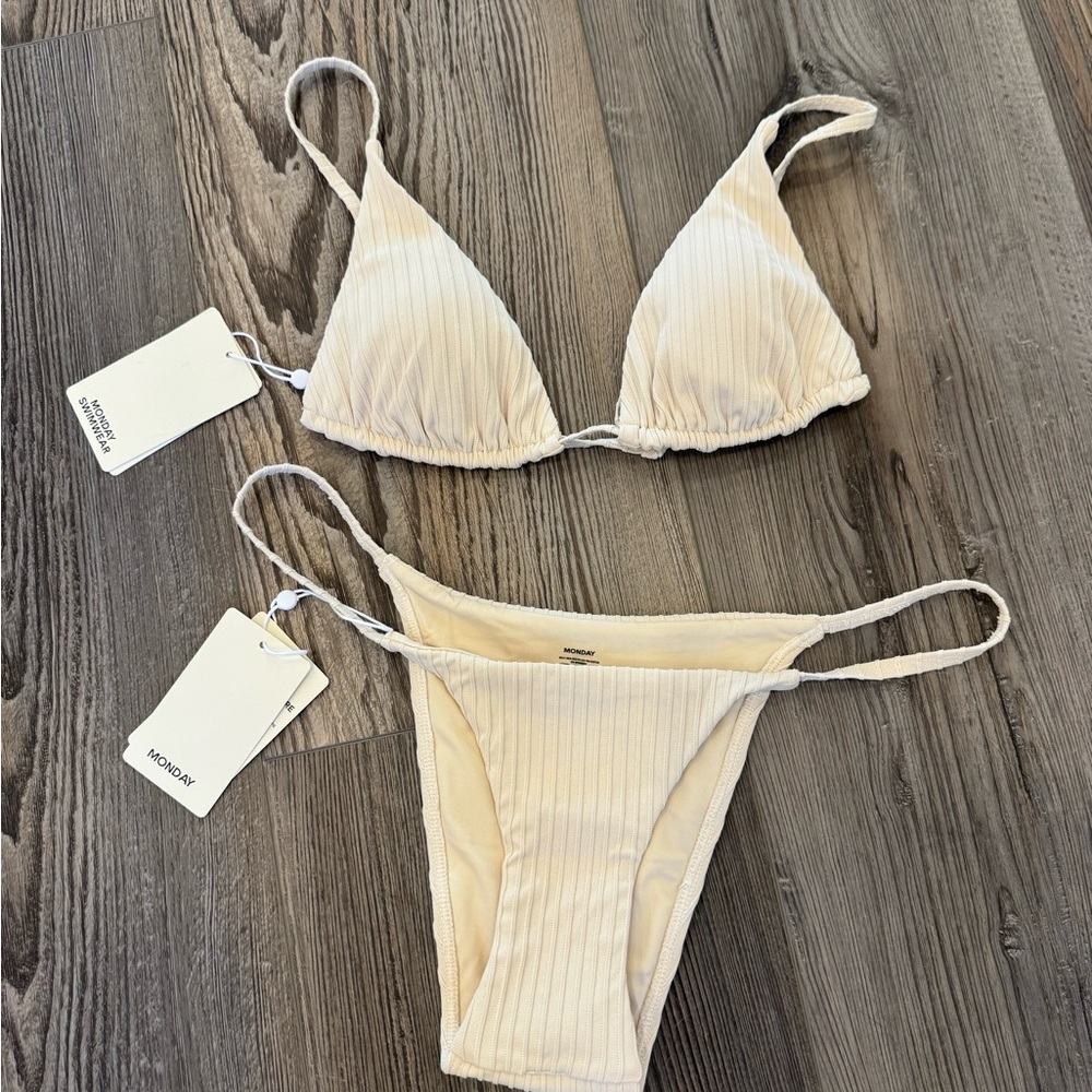 Monday Swimwear Cream Ribbed Triangle Bikini Set